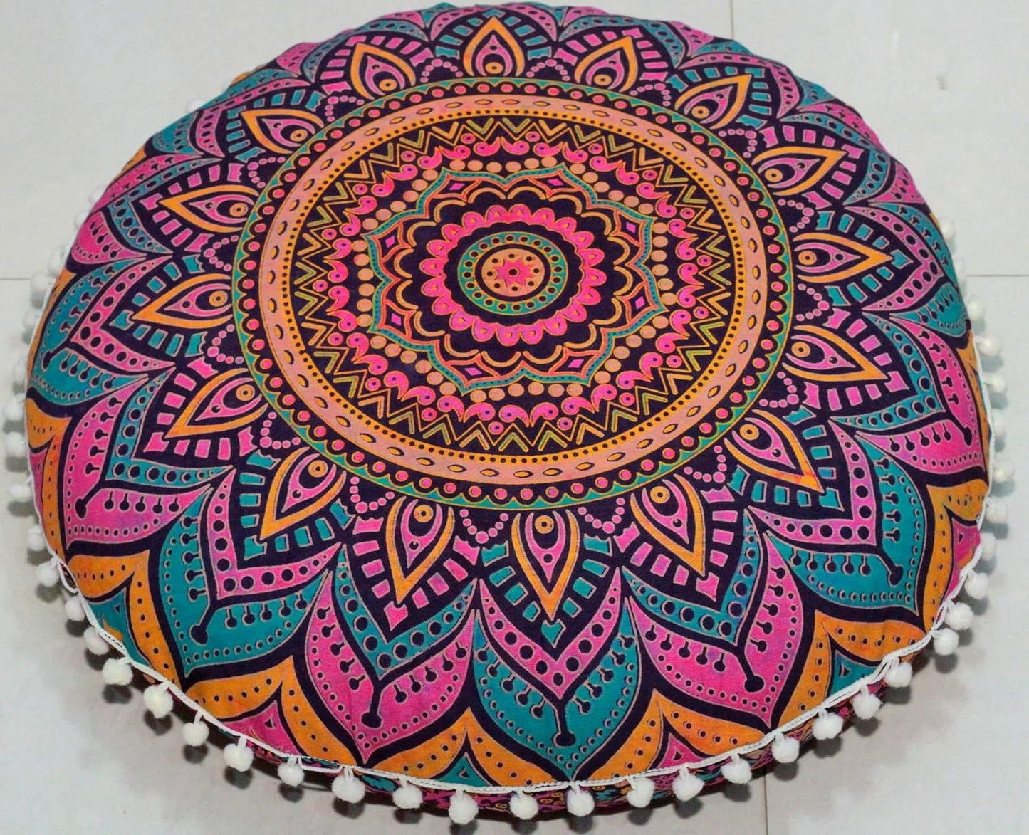 22 Inches Round Mandala Floor Pillow Cover Seating Cushion Throw Cover Ottoman Pouf Cover Pom Pom Pillow Cases Hippie