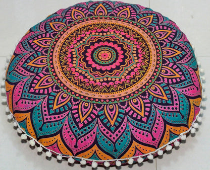 22 Inches Round Mandala Floor Pillow Cover Seating Cushion Throw Cover Ottoman Pouf Cover Pom Pom Pillow Cases Hippie