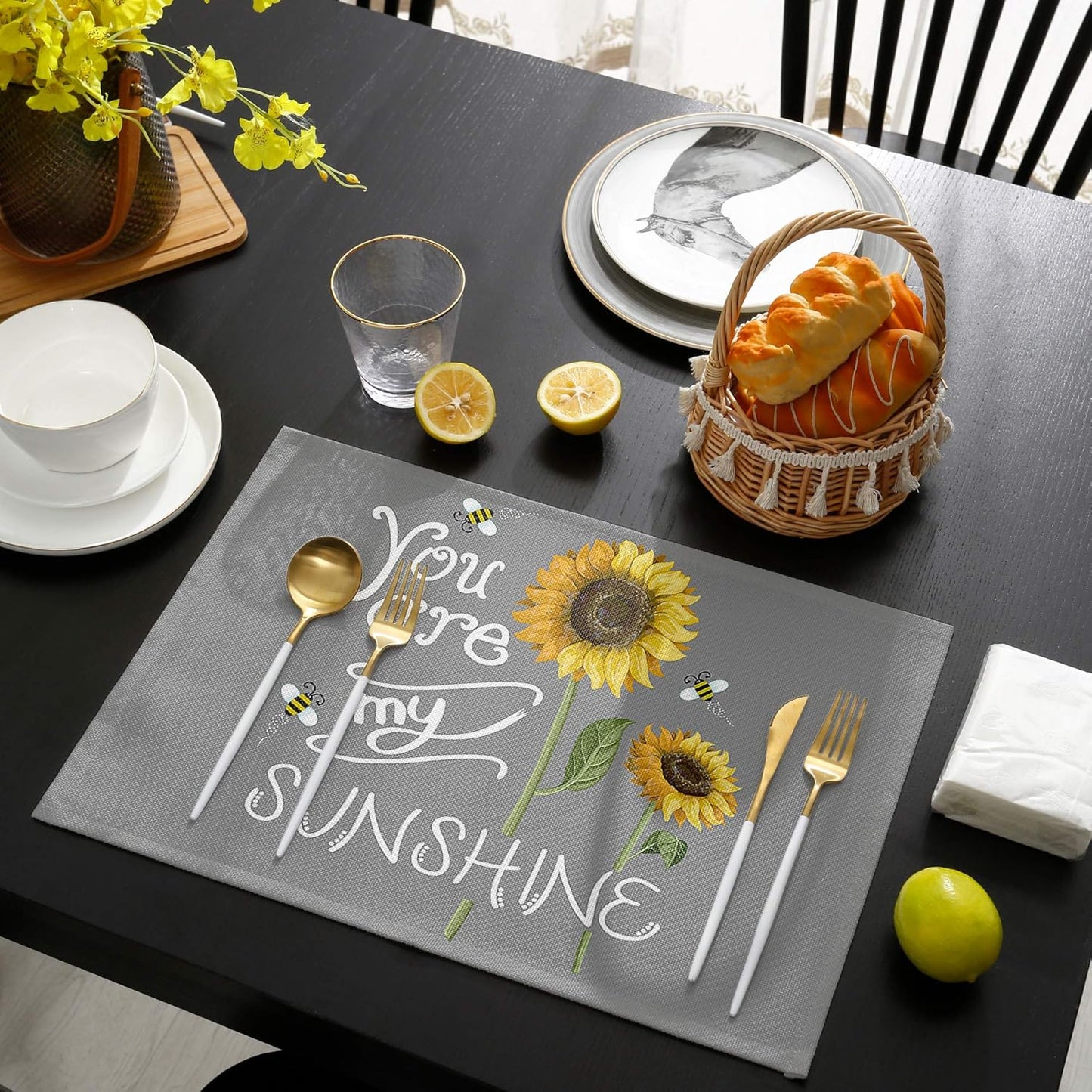 You are My Sunshine Placemat Set of 6 for Dining Table - Cotton Linen Waterproof Cloth Table Mat, Easy Clean