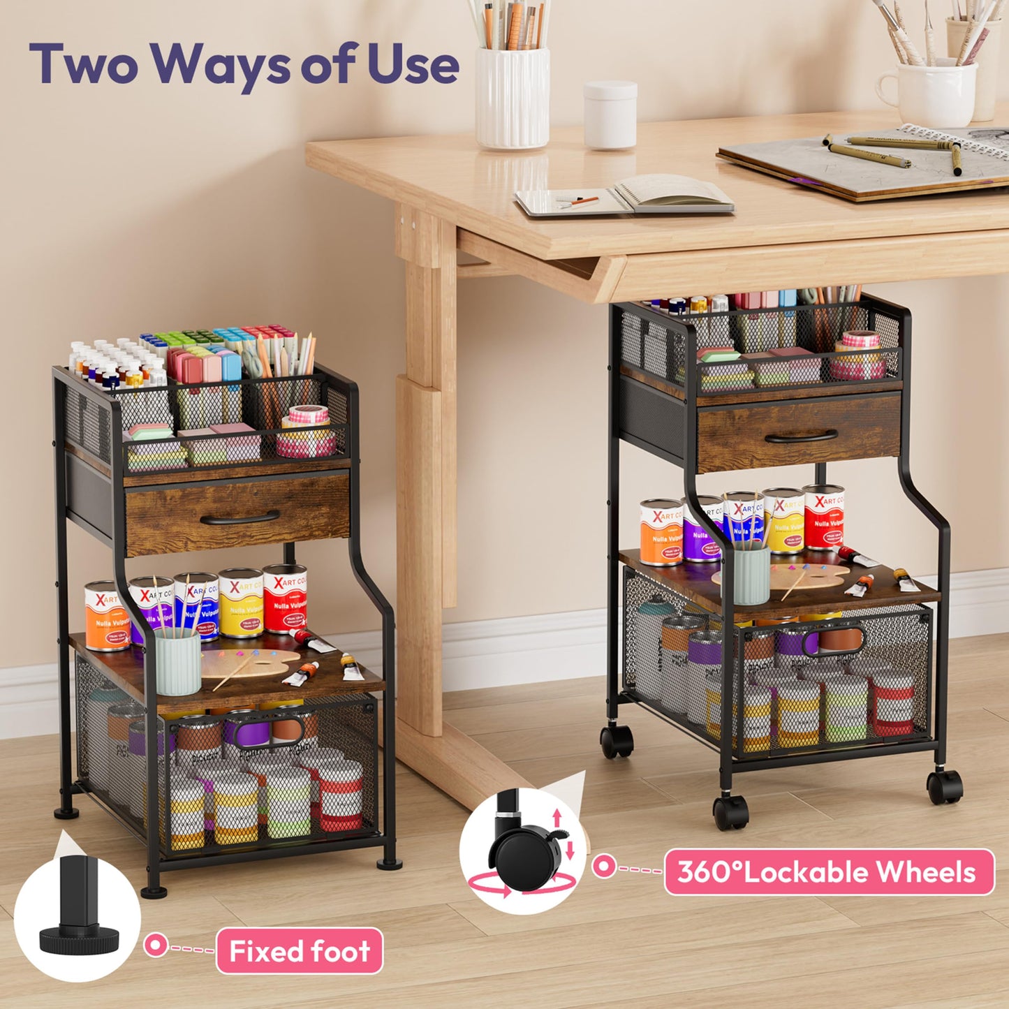 SWTYMIKI Under Desk Storage Cart- Art Storage Cart with Drawers & DIY Divider - Office Cart Organizer Under Desk Shelf, Craft Rolling Cart for Office, Craft Room & Studio Espresso