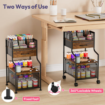 SWTYMIKI Under Desk Storage Cart- Art Storage Cart with Drawers & DIY Divider - Office Cart Organizer Under Desk Shelf, Craft Rolling Cart for Office, Craft Room & Studio Espresso