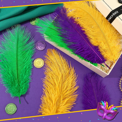 MARFOREVER 24 Pcs Mardi Gras Feathers for Crafts 10-12 Inches Natural Green Gold Purple Feathers for DIY Craft Dream Catcher Carnival Costume Mardi Gras Party Decorations Supplies