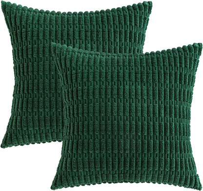 MIULEE Dark Green Corduroy Decorative Pillow Covers - Soft Boho Striped 18x18 Inch | Modern Farmhouse Decor