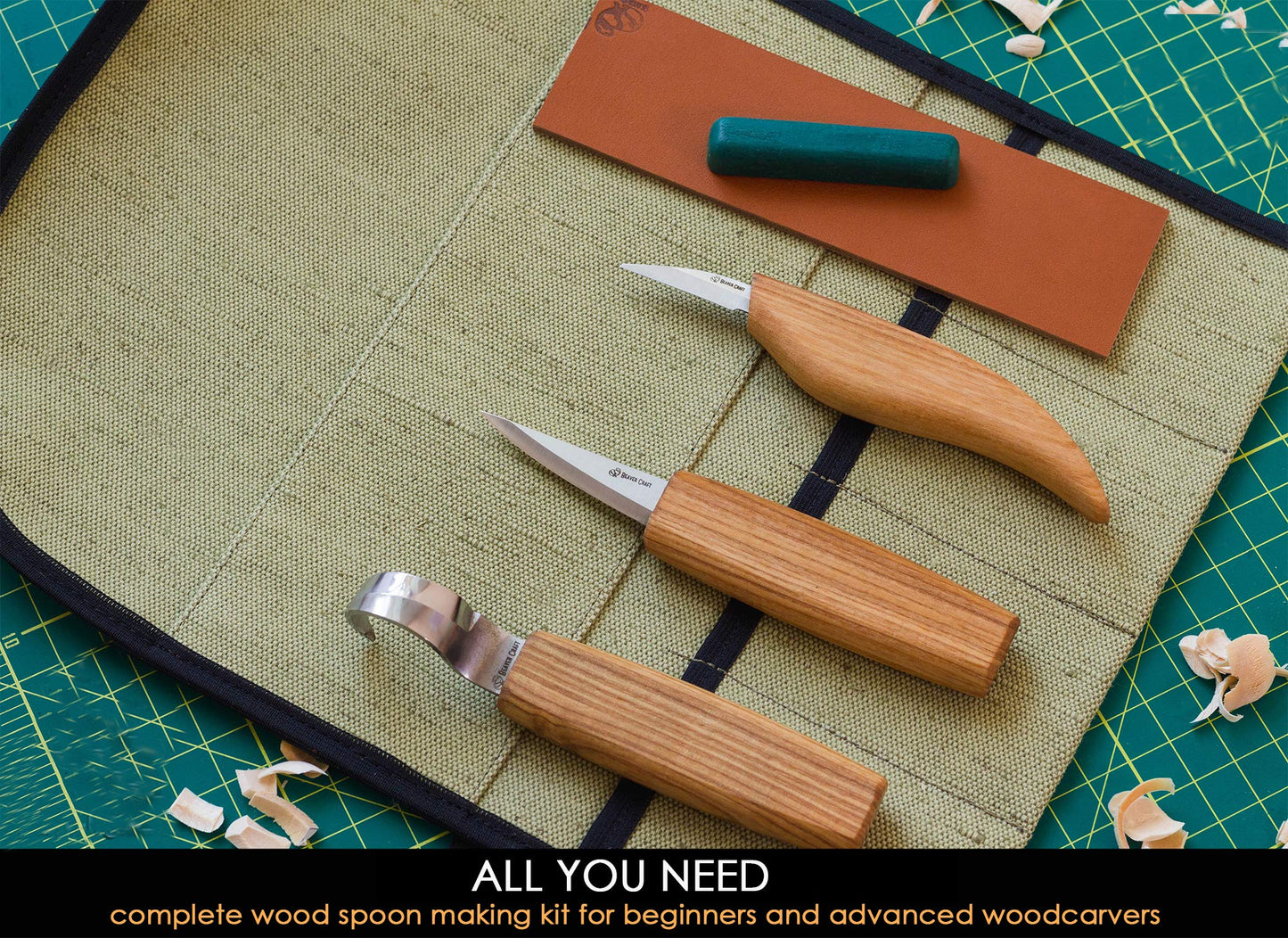 BeaverCraft Wood Spoon Carving Tools Kit S17 with Wood Carving Hook Knife & Sloyd, Chip Whittling Knives for Spoon Carvers - Whittling Tools Set with Knife Leather Strop Polishing Compound, Tool Case