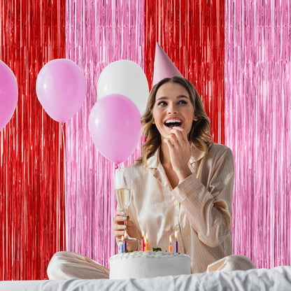 Regine Switzerland Red Pink Backdrop Curtains - 2 Pack Metallic Fringe Tinsel Decor | 3.28' x 7.05'