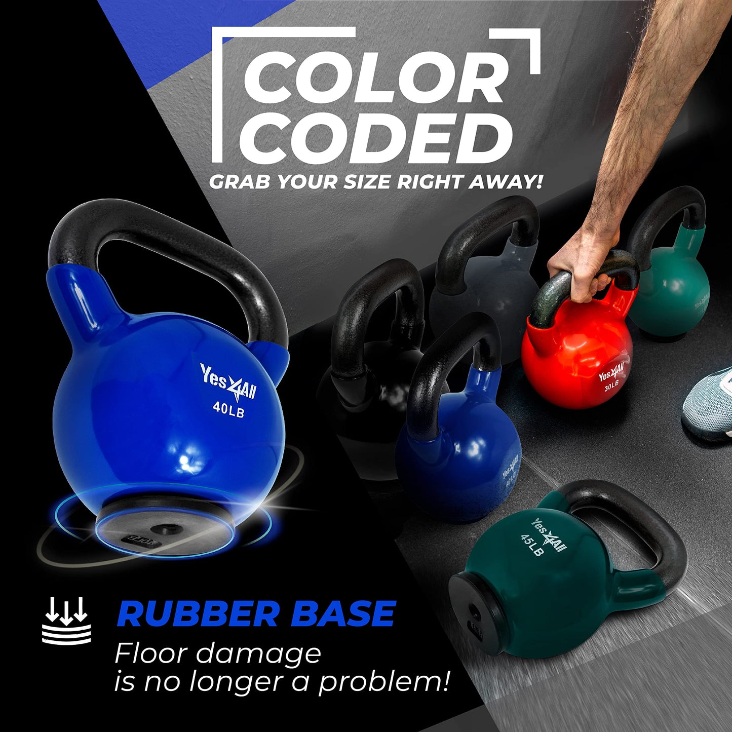 Yes4All Kettlebells Rubber Base, Kettlebell Set for Women, Strength Training Kettlebells Weights (10-65 lbs)