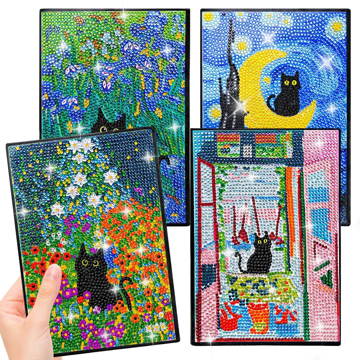 LINGFANG 4 Pack Diamond Art Kits for Adults Teens, Leather Cover Diamond Painting Journals Notebooks, DIY 5D Gem Dots Art Crafts for Teenagers' Birthday, Graduation, Christmas Gifts with Tools (Cat)
