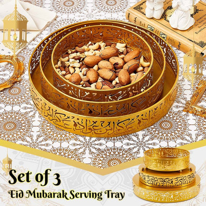 Ramadan Serving Trays - 3 Pieces Iron Gold Round Platter, 3 Sizes Eid Candy Dish, Muslim Pastry Snacks Dessert Holder for Ramadan Mubarak Party Supplies Home Decor