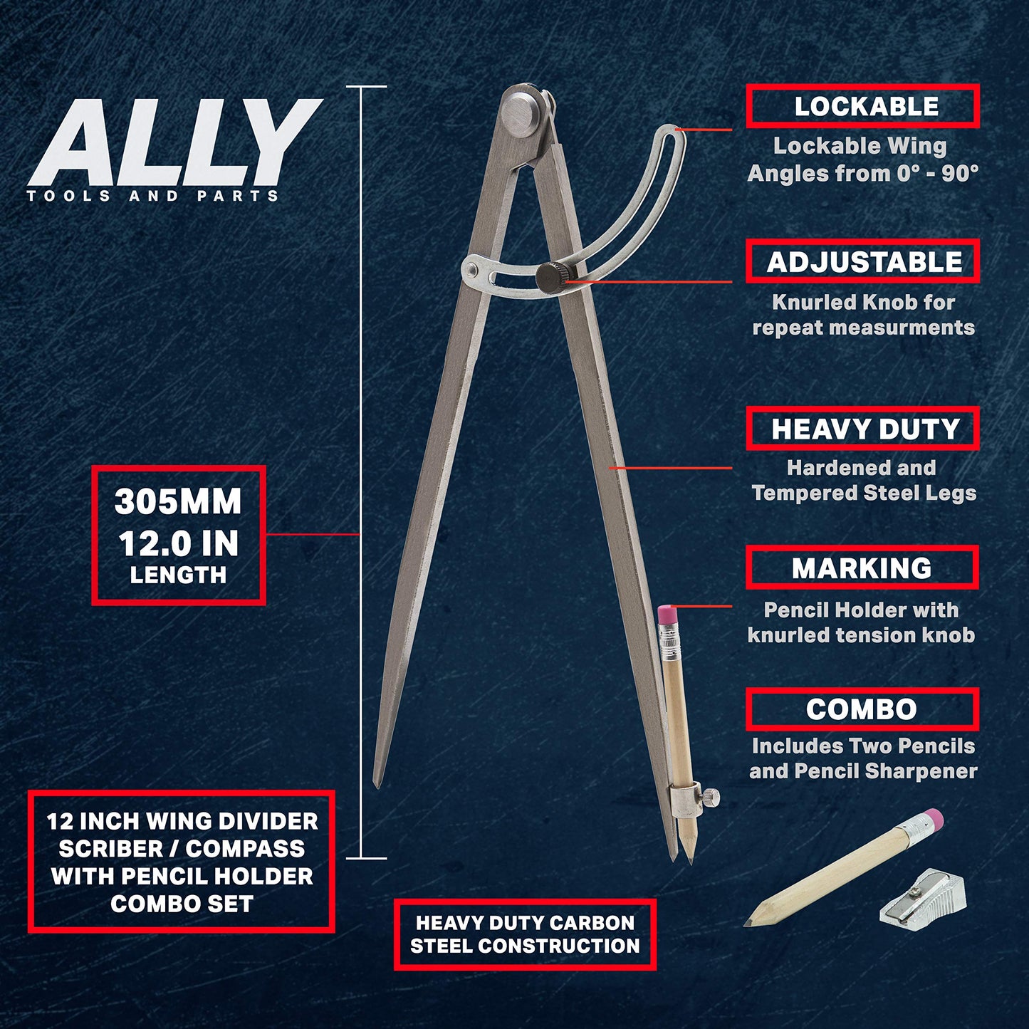 ALLY Tools 12 Inch Precision Locking Wing Divider/Woodworking Compass with Pencil Holder INCLUDES Two Pencils and Pencil Sharpener Ideal for Drawing, Drafting, Carpentry