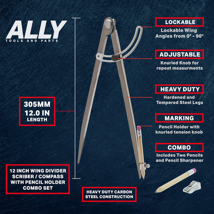 ALLY Tools 12 Inch Precision Locking Wing Divider/Woodworking Compass with Pencil Holder INCLUDES Two Pencils and Pencil Sharpener Ideal for Drawing, Drafting, Carpentry