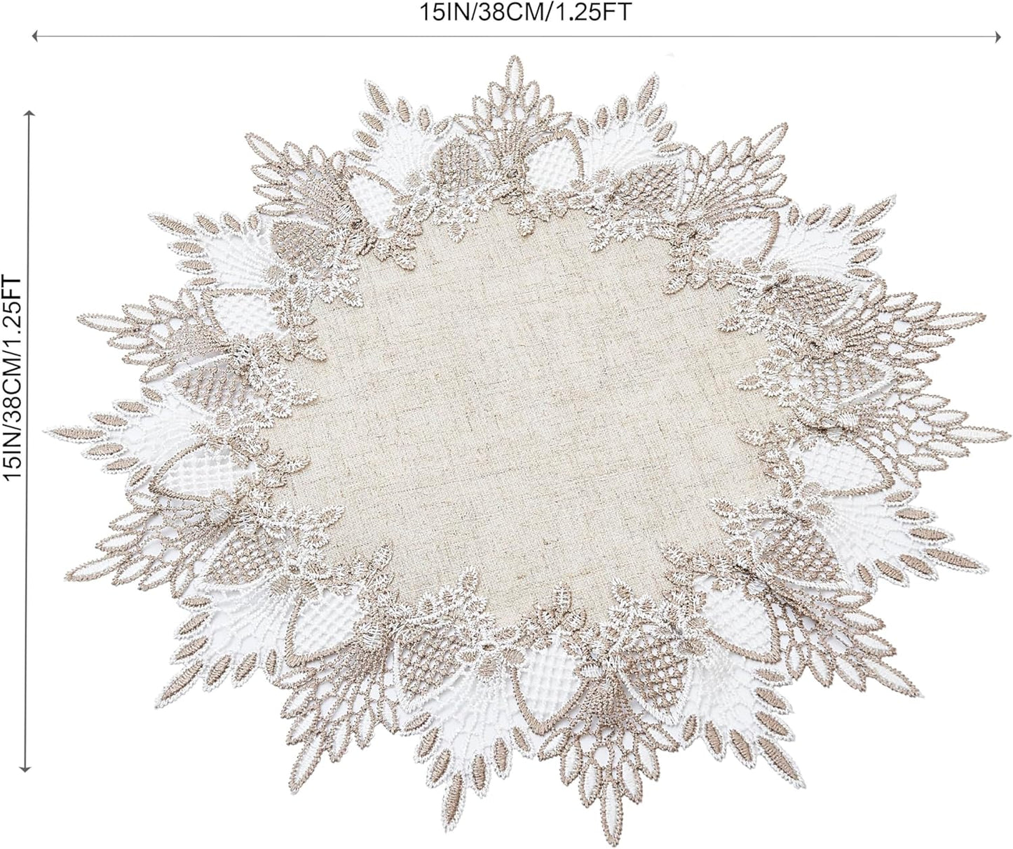 15 inches 15 Natural Linen Doily Round Neutral Earth Tones Beige Lace Coffee Table Topper Dresser Scarf Place Mats