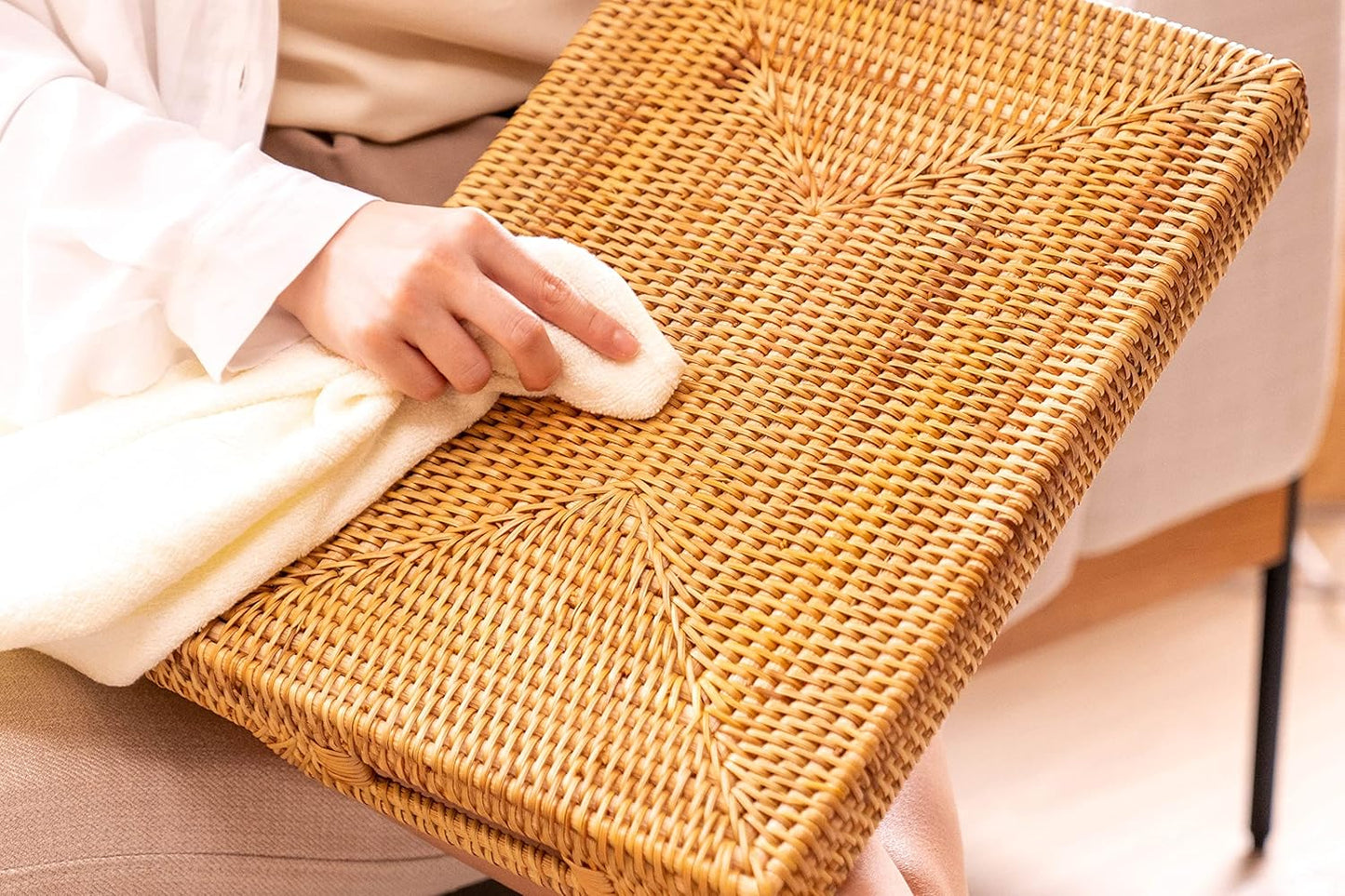 14.5" Small Hand-Woven Rattan Serving Tray with Handles Rectangular Snack Tray for Coffee Table, Fruit, Drinks, Decor