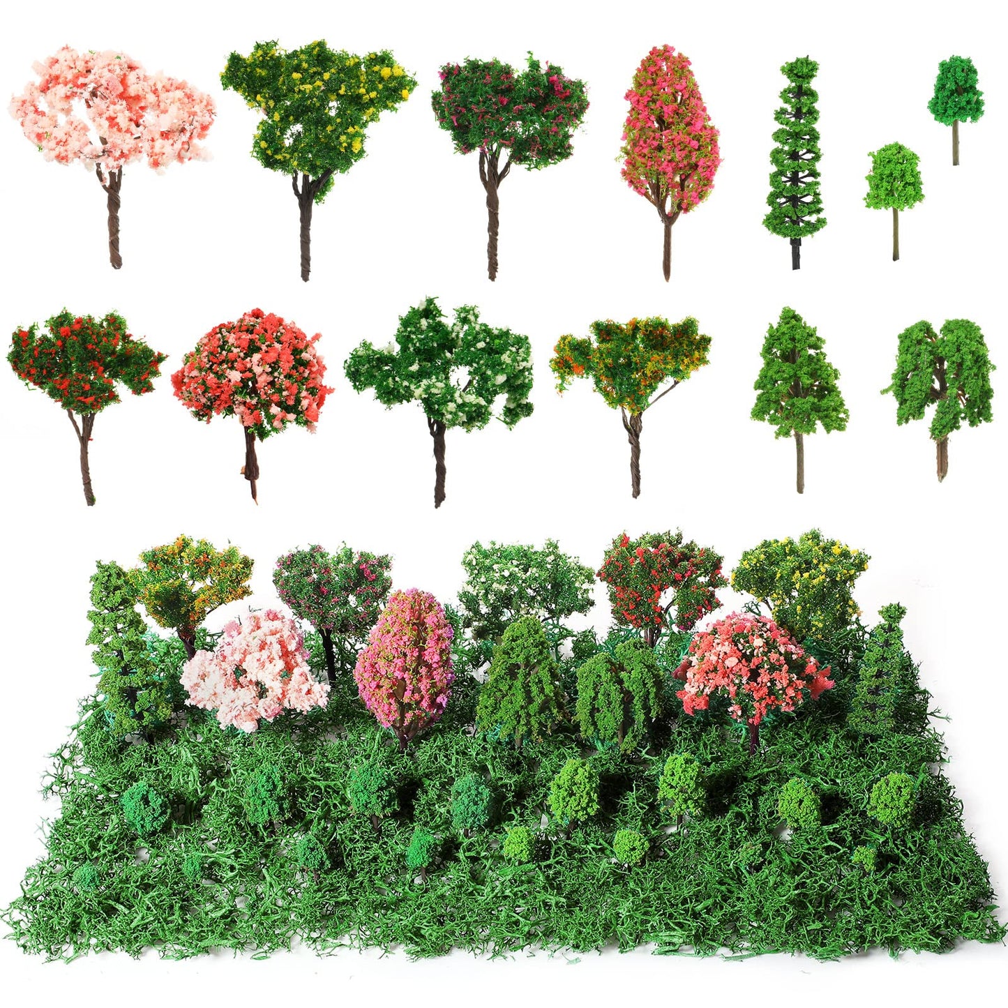 Canlierr 28 Pcs Tiny Model Trees with 40g Faux Green Moss, 0.79-3.15'' Diorama Trees Grass Mini Fake Miniature Trees Diorama Materials Kit for Diorama Box Craft Model Train Fairy Village