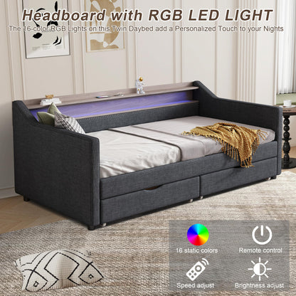 Ball & Cast Twin Size Daybed with Storage,Linen Upholstered Day Bed with 2 Drawers, Daybed Frame with USB Port and Smart LED Light,Wood Slat Support,No Box Spring Needed,Dark Grey