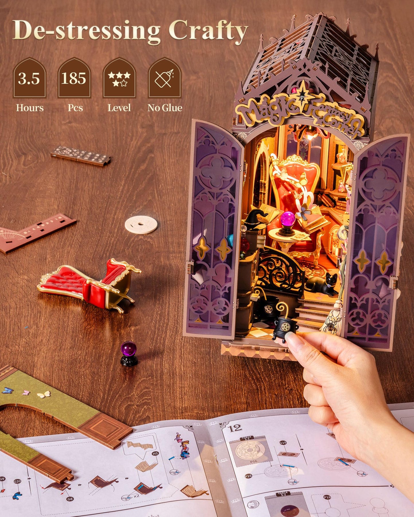 Rolife LED Book Nook Kit Magic Fantasy Corner, DIY Booknook Kit 3D Creative Decorative Bookend Bookshelf Insert, Halloween/Christmas Decorations/Gifts for Adults (Magic Fantasy Corner)