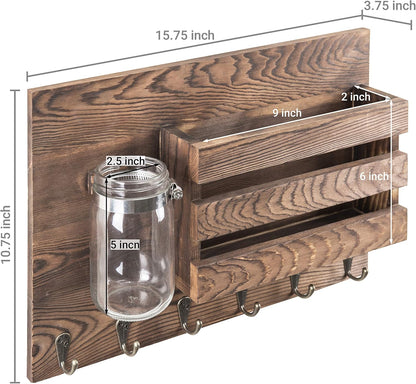 MyGift Wall-Mounted Burnt Wood Mail Holder Organizer with 6 Key Hooks & Mason Jar