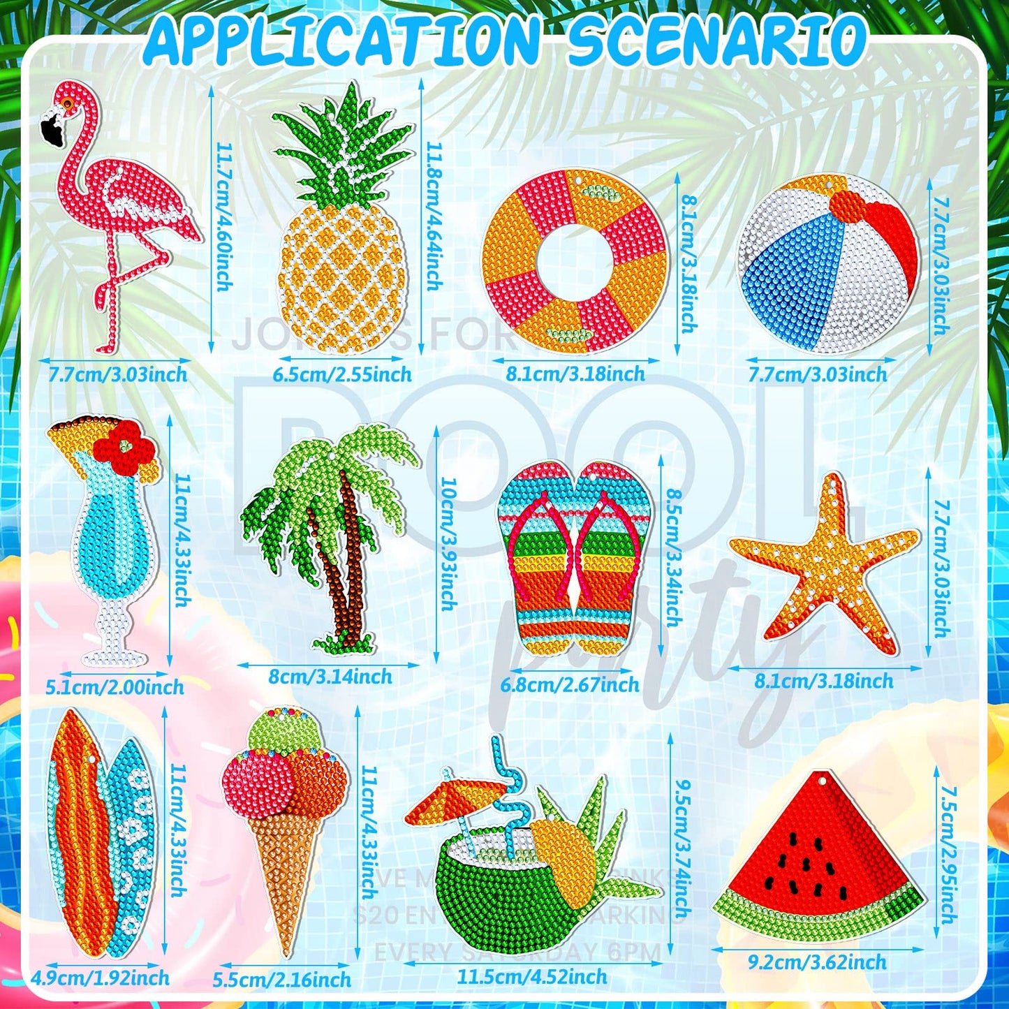 Thinkday 12 Pack Summer Diamond Painting Keychain Kits 5D Diamond Art Keychains DIY Painting Kit Summer Hanging for Kids DIY Crafts