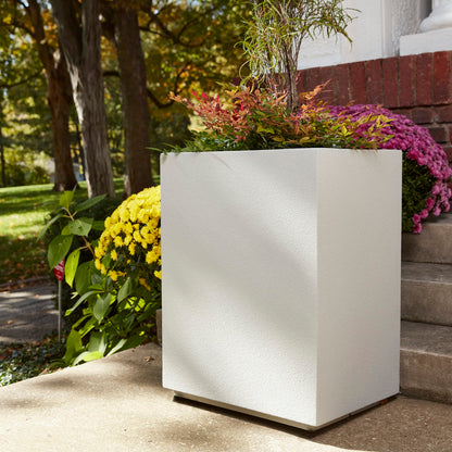PolyStone Cozumel Column Planter – 23" x 18" x 30" – Large Indoor/Outdoor Planter Box for Patio & Garden – Modern Stone-Look Resin – Durable All-Weather w/Drainage Holes - Made in USA – Greige
