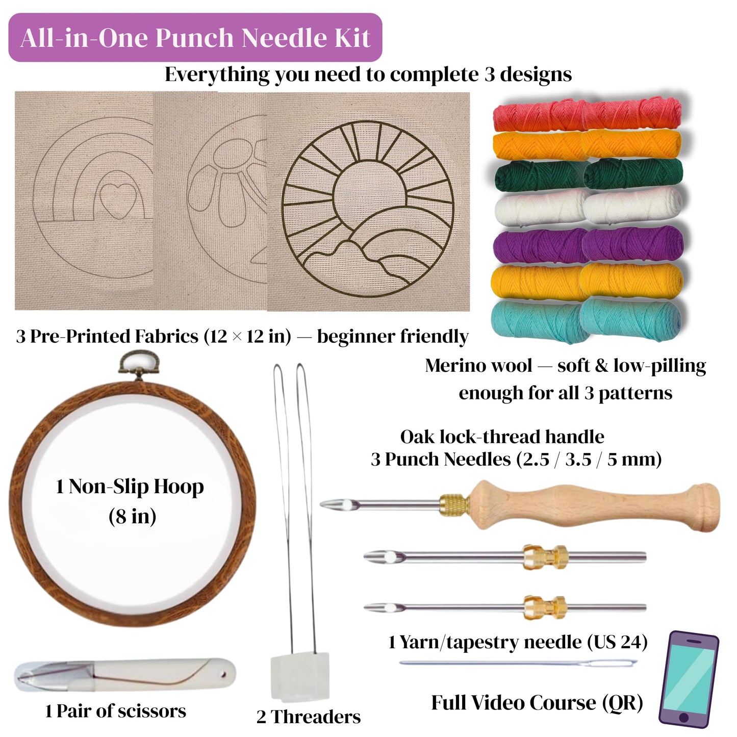Zyrose Punch Needle Kit for Beginners & Adults, Printed Fabric, 8" Non-Slip Hoop, 3 Interchangeable Needles, Premium Merino Yarn – Complete Starter Set – Joyful Days