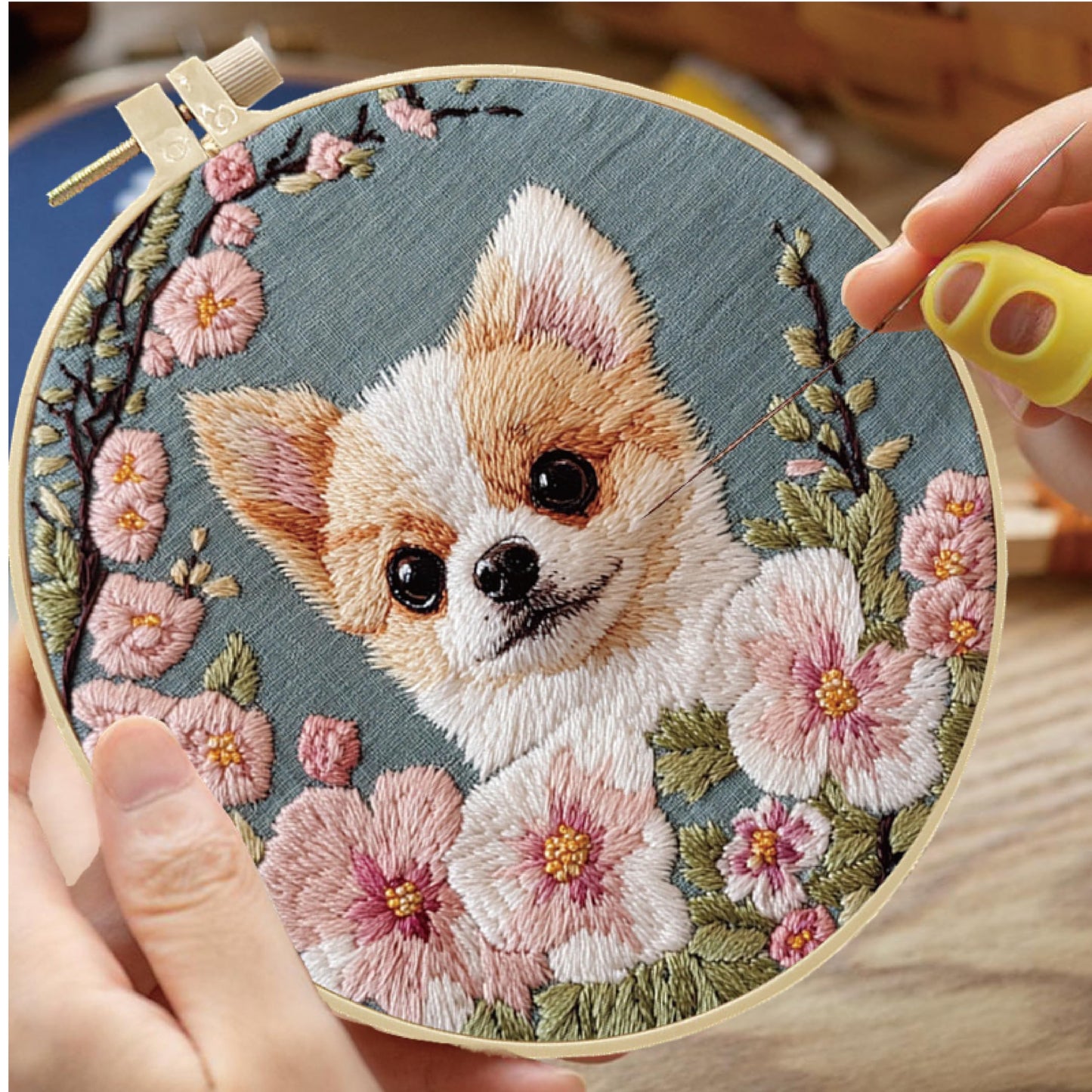 HCANPER Cute Dog Embroidery Starter Kit,DIY Needle Punch Kit, Punch Needle Kits for Beginners,Include Pre-Printed Fabric,Tools,Embroidery Hoop,Threads,Easy for Adults and Children. (Pink)