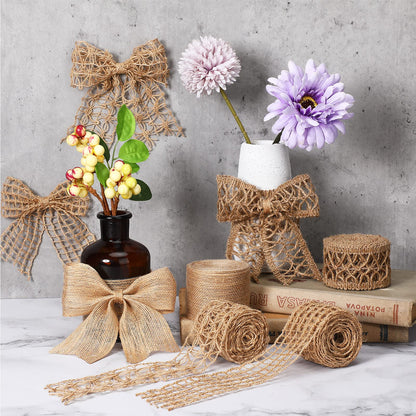4 Rolls Burlap Ribbon Wired Natural Jute Burlap Lace 1.6-2 Inch x 16.4 Yard Wrapping Ribbon for Crafts, Big Bows, Wedding Gift Wrapping, Rustic Outdoor Decoration, Wreath, Holiday Party DIY Home Decor