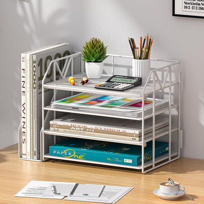 handimp 4-Tier Paper File Organizer with Drawer, Metal Desk Organizer, Tiered Paper Tray for Letter/A4 Files, Desktop Office Supplies Storage Rack, White