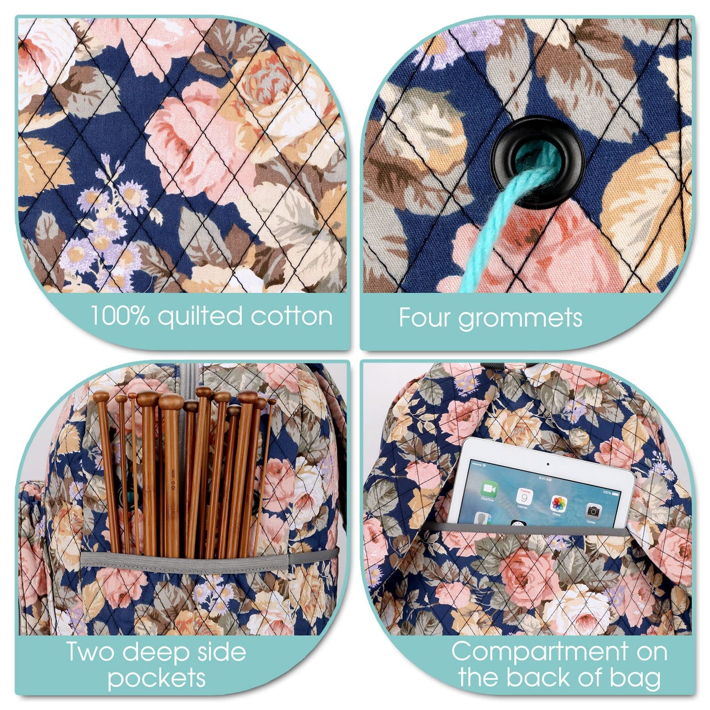 Hanfetch Yarn Storage Organizer Knitting Bag Backpack Large size with Grommets Portable Crochet Bag Yarn Keeper for Yarn Skeins， Crochet Hooks, Knitting Needles and Other Accessories (Peony)