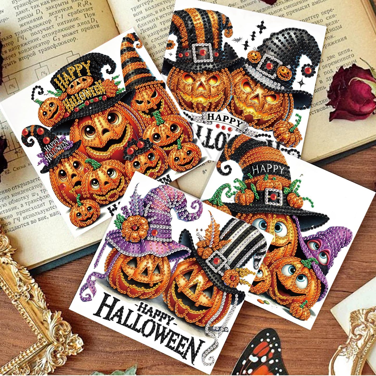SHEGZHUC 6 Pack Diamond Painting Gift Card Diamond Art Kits for Adults Birthday Wedding Anniversary Greeting Get Well Congratulations Thank You Cards with Envelopes || Pumpkin Halloween Gothic