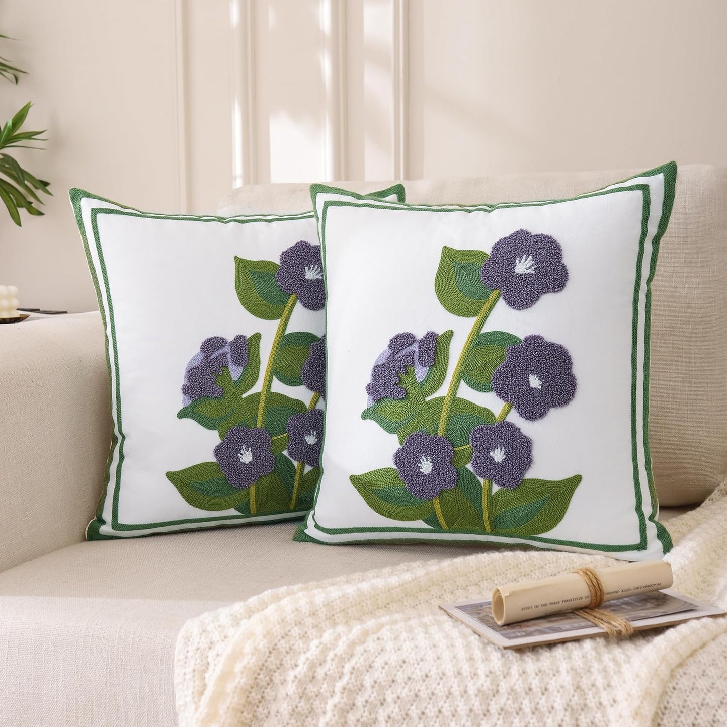 Set of 2 Embroidered Throw Pillow Covers 18x18 Inch, Purple Flower with Green Leaves for Living Room Sofa