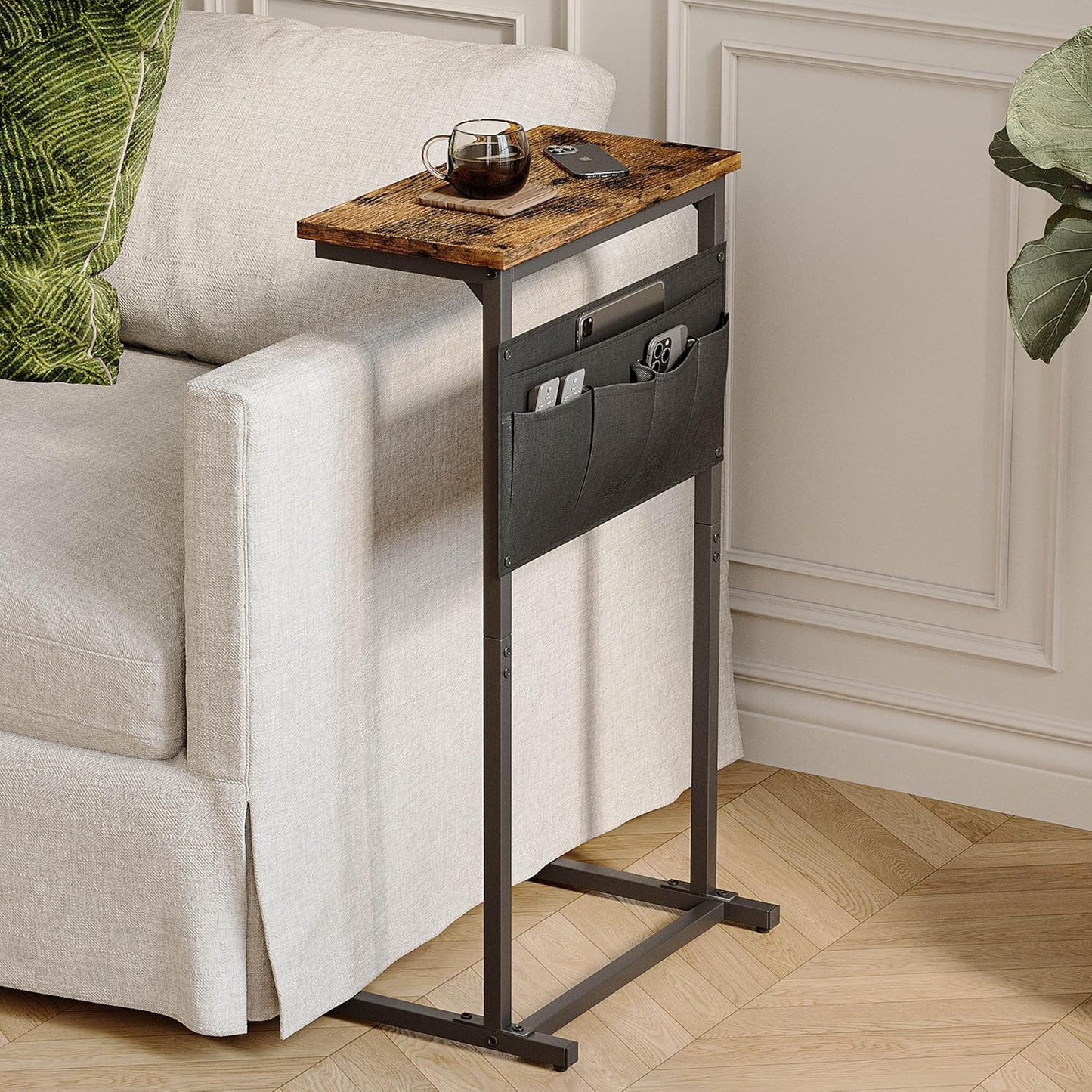 LET501R C Shaped End Table, Side Table for Sofa, Small TV Tray, Couch Table with Storage Bag for Small Space, Living