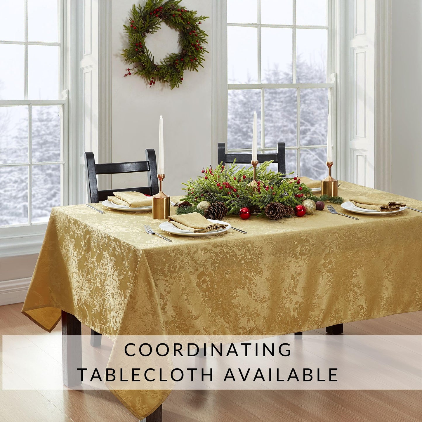 Poinsettia Elegance Jacquard Holiday Table Collection, Polyester, Gold, 13" x 19" (Placemats)