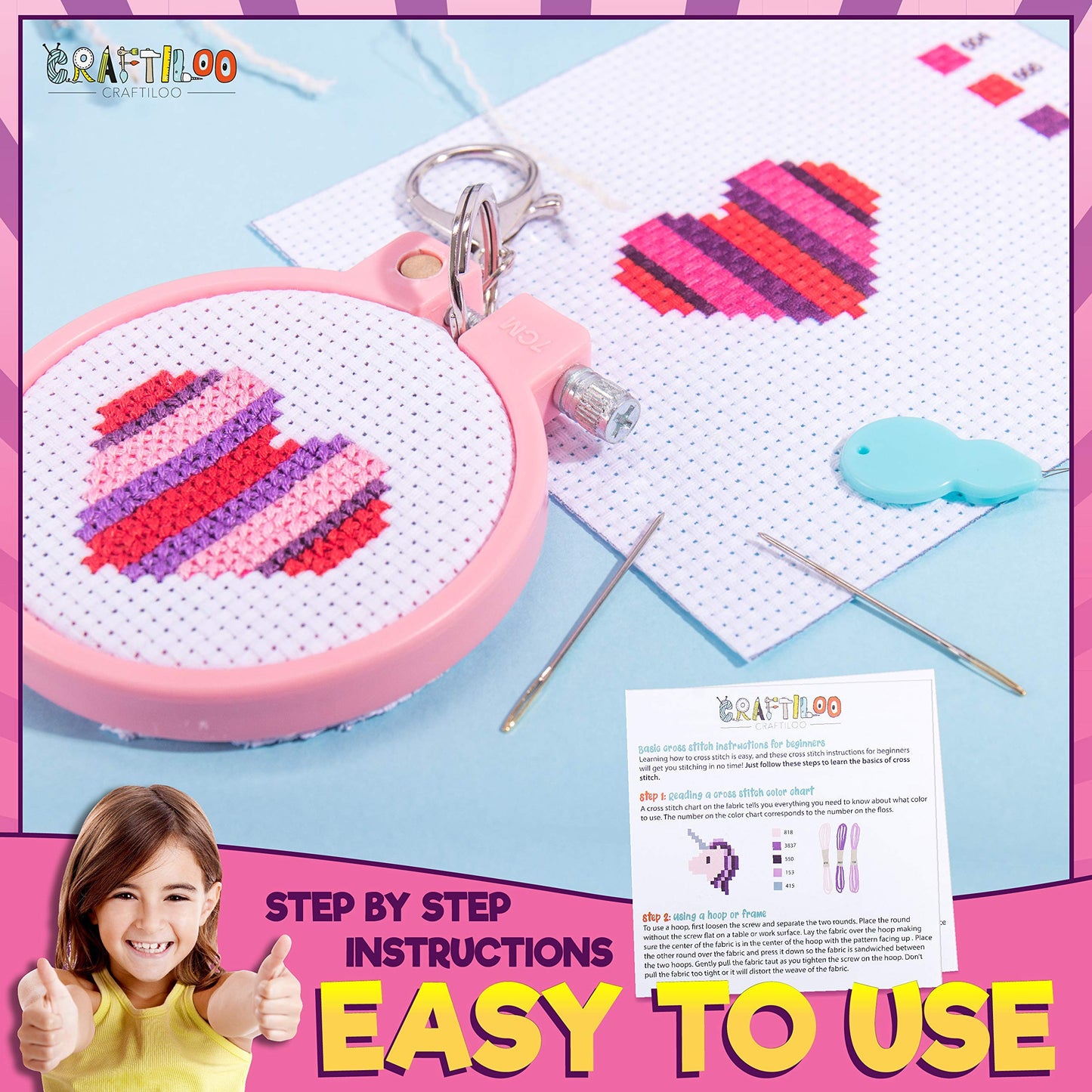CRAFTILOO Cross Stitch Kit for Kids - 5 Easy Stamped Cross Stitch Kits for Beginners | Embroidery Kit for Girls Ages 7-13 | Needlepoint Craft Set, Backpack Charms & Keychains