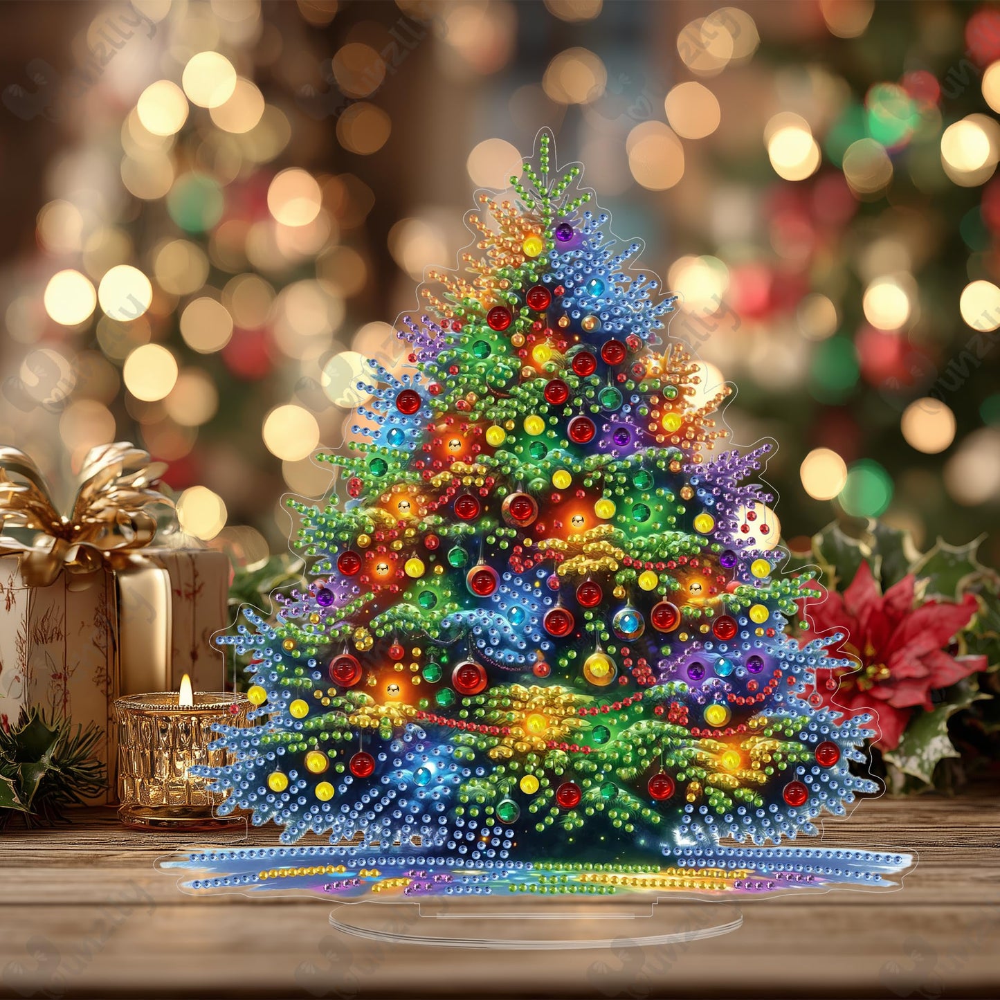 Yunzlly Tabletop Christmas Diamond Art Painting Kit, Desktop Gem Painting Ornament Kit for Adults, Table Top Acrylic Diamond Board Painting with Stand (Christmas Tree)