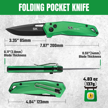 SK Folding Pocket Knife, Premium D2 Steel Blade, Aluminum Handle with Wire Belt Clip