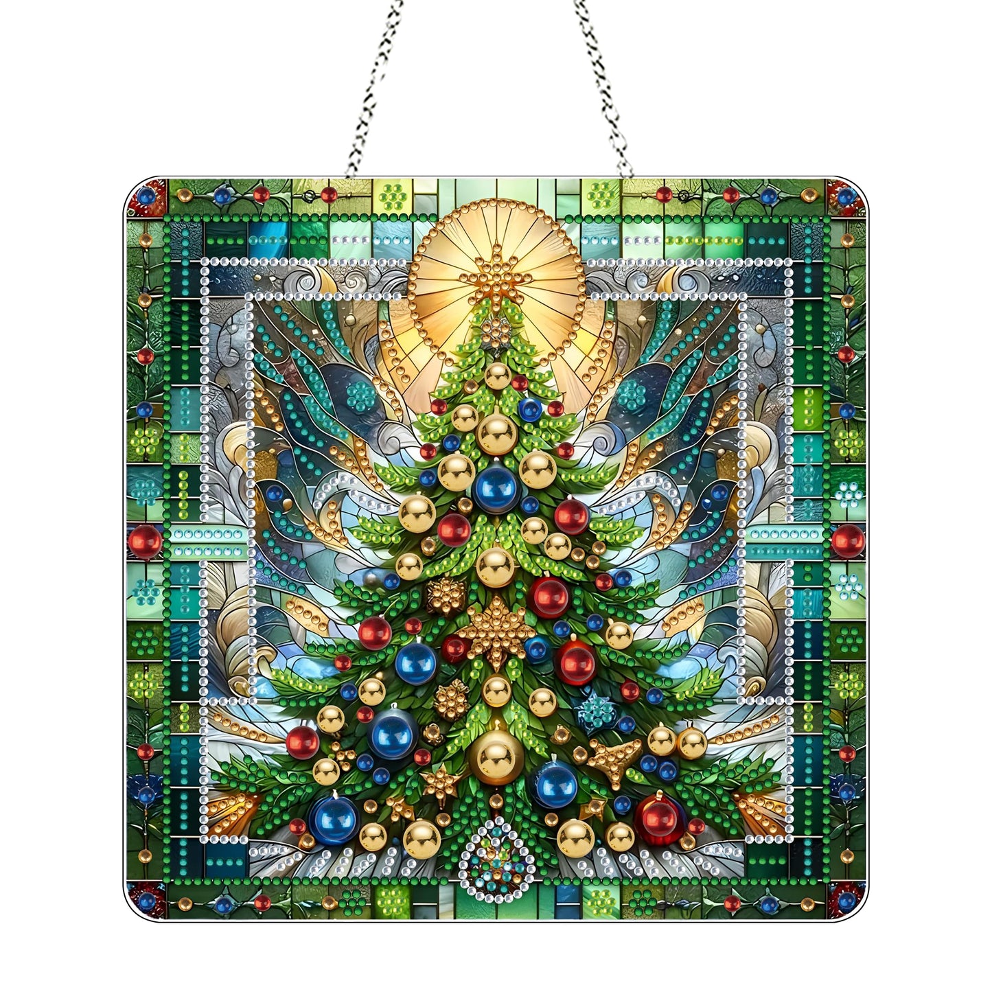 JJFox DIY Acrylic Diamond Art Painting Wreath Kits Special Shaped Rhinestone Diamond Art Window Pendants Home Garden Wall Hanging Kits Hanging Ornament，Double Sided(Christmas Tree-1)