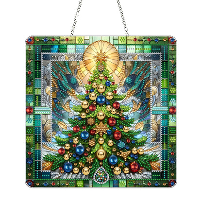 JJFox DIY Acrylic Diamond Art Painting Wreath Kits Special Shaped Rhinestone Diamond Art Window Pendants Home Garden Wall Hanging Kits Hanging Ornament，Double Sided(Christmas Tree-1)