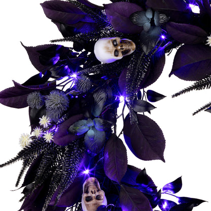 National Tree Company, 26inch Artificial Floral Mini Skull Wreath, 30 Purple LED Lights,