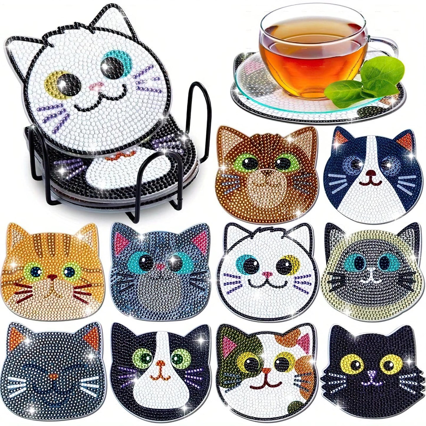 ACSAUMMY 10pcs Diamond Art Coasters Kits Cat Diamond Painting Coasters Kits with Holder Cork Pads Board DIY Cute Cat Diamond Set for Adults Beginners Crafts Supplies Gift Arts Room Dector