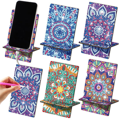 Saillong 4 Pcs Large Mandala Diamond Painting Cell Phone Stand 5.5 Inch DIY Full Drill Crystal Diamond Art Phone Holder Bling Painting Art Craft Kits for Beginner Adult
