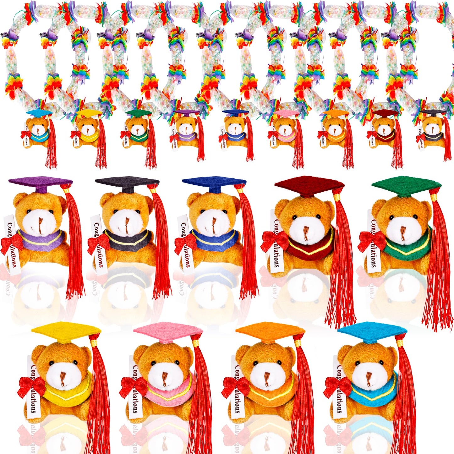 Mikasee 180 Pcs Graduation Candy Lei Making Kit 10 Mini Graduation Bear Bulk 10 Pcs Mesh Bag 150 Pcs Flower Pieces with 10 Rolls Gift Ribbon Wrapping DIY for School Graduation Wreaths