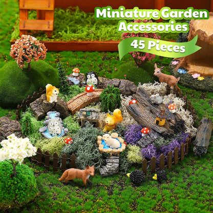 Chunful 45 Pcs Fairy Garden Accessories Miniature Garden Figurines Tiny Resin Animals Forest Kit Pool Bridge Fence Pond Mushroom for Dollhouse Potted Plant Bonsai Terrarium Decor
