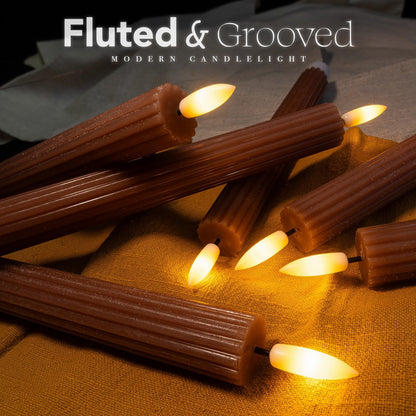 West Ivory 6 Pack, 10" LED Flameless Brown Tan Fluted Ribbed Grooved Taper Candles, Remote & 24h Timer Memory, On/Off Button, Dimmable, Flicker Mode, Battery Operated, Christmas Menorah Wedding