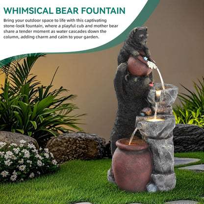 Ultym 37.5" H Resin Playful Twin Bear Fountain Outdoor, Whimsical Multi-Tiered Stone Vessel Water Feature Outdoor with Lights, Soothing Cascading Waterfall for Patio, Backyard, Garden or Porch