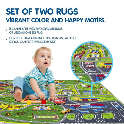 Booooom Jackson 2 Pack Car Rug,Non Slip Train Track Car Mat,Durable Road Play Area Kids Rug,Vibrant Kids Carpet for Playroom,Bedroom,Easy Store and Clean
