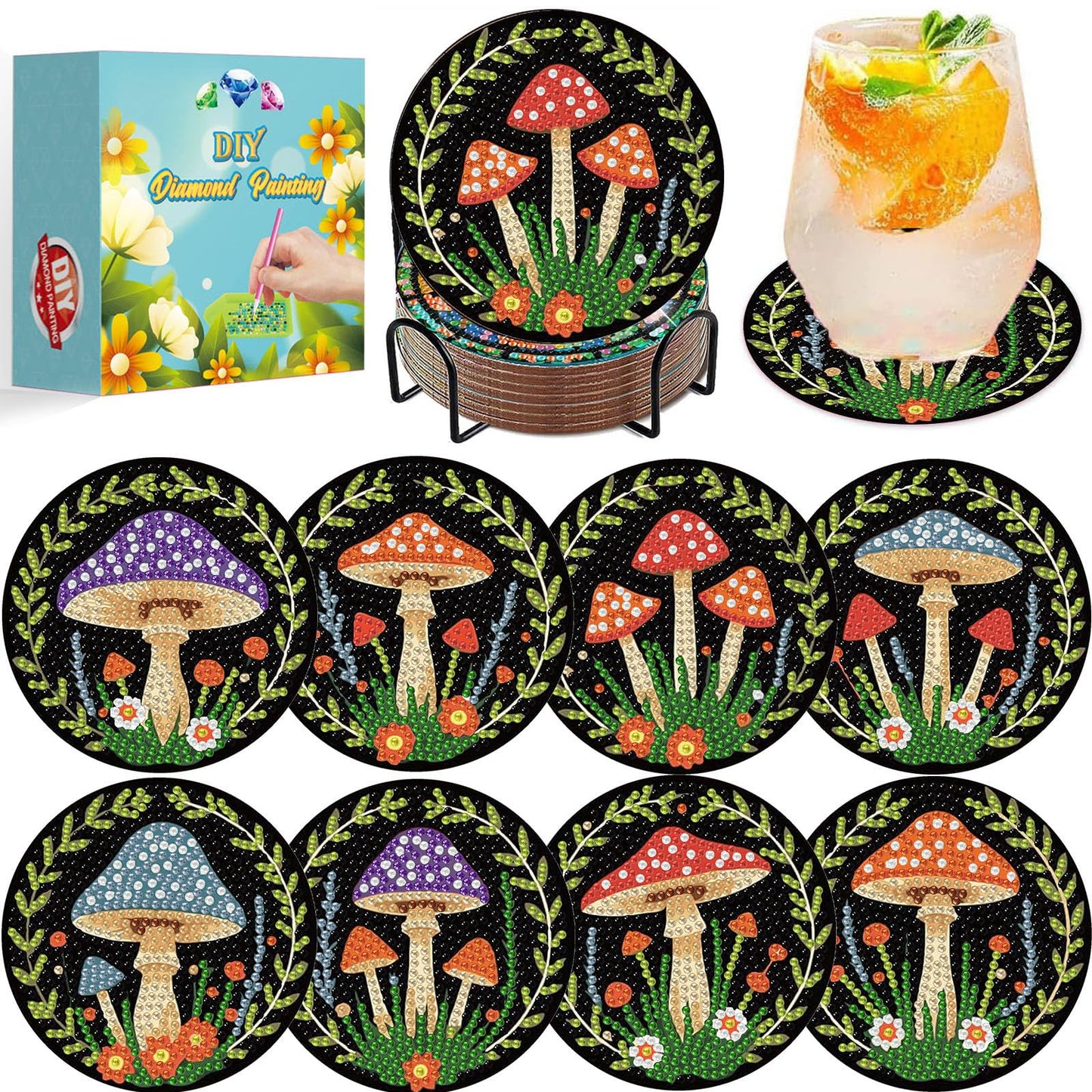 Diamond Art Coasters Kits Mushrooms, Mushroom Diamond Painting Coasters with Holder Set of 8, DIY Coaster Gem Art Crafts Supplies for Adults Beginner Cup Mat with Nice Gift Box for Home Decor 3.9 inch
