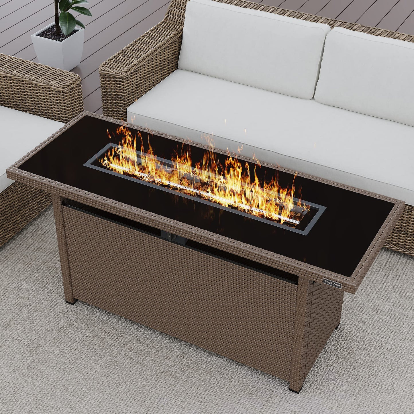 EAST OAK 57" Gas Fire Pit Table, 60,000 BTU Propane Fire Pit w/Large Tempered Glass Desktop, CSA Certified Outdoor Patio Fire Table with 9.2lb Glass Stone & Removable Lid, Chocolaty Coffee