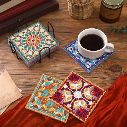 Purpeak 8 Pcs Diamond Coasters Diamond Painting Coasters DIY Mandala Kits with Holder Square Boho Paisley Art 5d Kits for Beginners Adults Craft