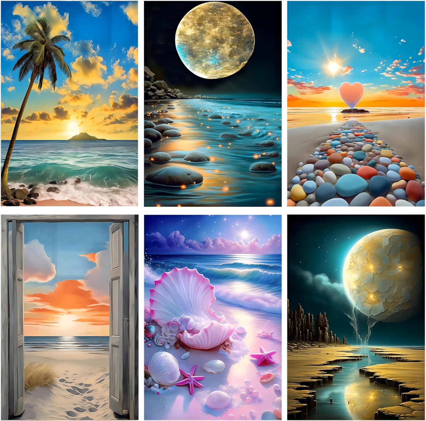 DOTZSO Diamond Art Kits for Adults 6 PCS, DIY Full Diamond Art kit with Crystal Cross Stitch Picture Art and Craft for Adult Beginners 12x16 Inches (Landscape Beach Moon Lake Dream)