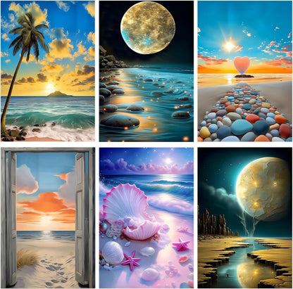 DOTZSO Diamond Art Kits for Adults 6 PCS, DIY Full Diamond Art kit with Crystal Cross Stitch Picture Art and Craft for Adult Beginners 12x16 Inches (Landscape Beach Moon Lake Dream)