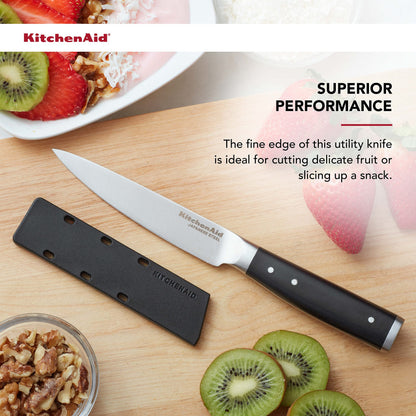 KitchenAid Gourmet Forged Triple Rivet Fine-Edge Utility Knife with Custom-Fit Blade Cover, 4.5-inch, Sharp Kitchen Knife, Japanese Stainless Steel Blade, Black